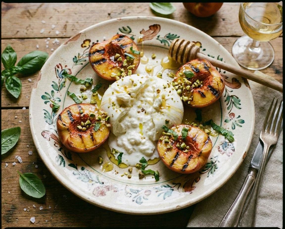 Pesche grigliate con burrata e basilico, l'antipasto estivo che sorprende tutti, pronto in 15 minuti