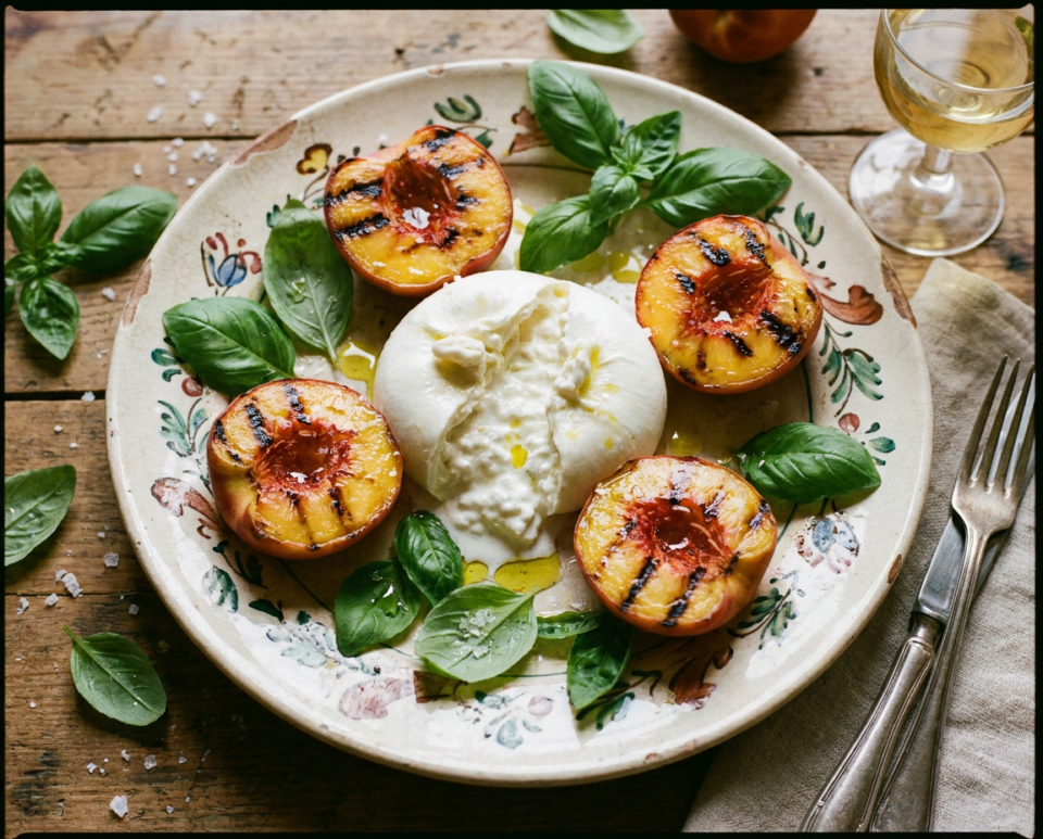 Pesche grigliate e burrata
