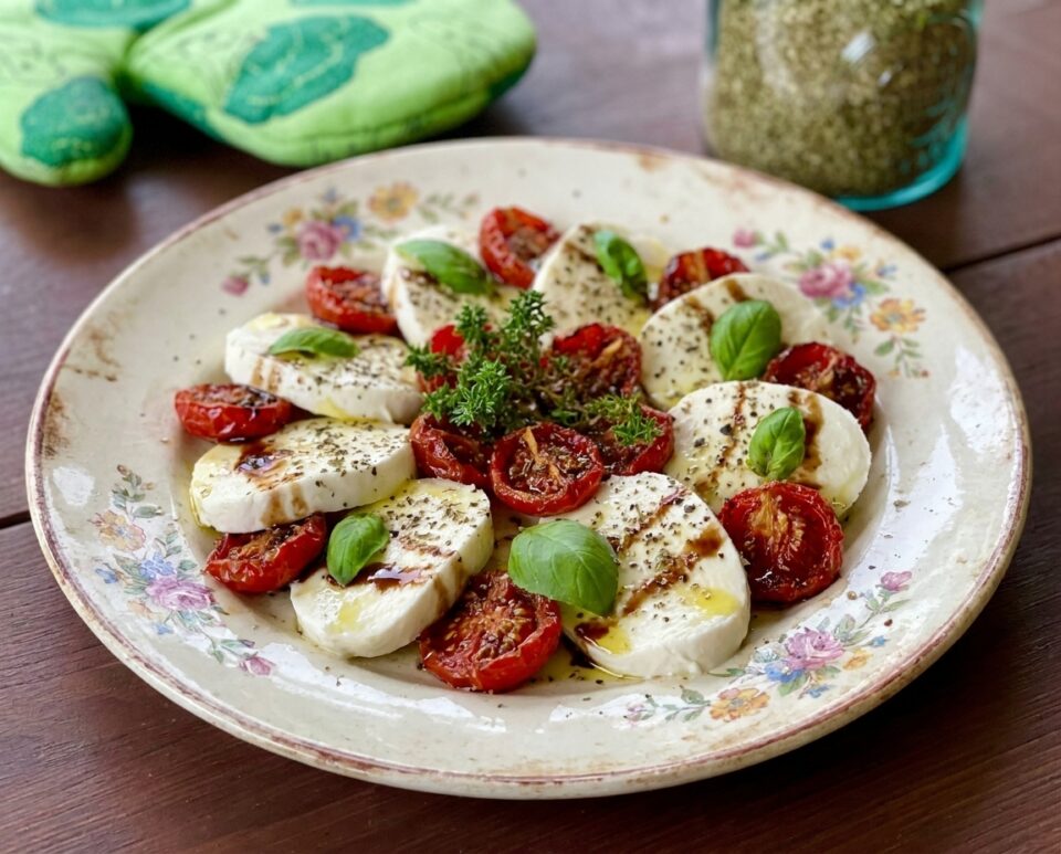 Pomodorini confit serviti con la mozzarella