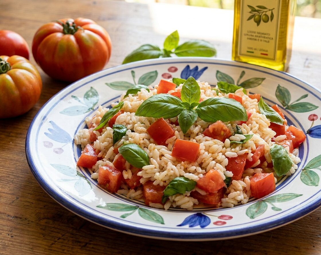 Riso al pomodoro a crudo e basilico: fresco, leggero e profumato, il sapore dell'estate in un piatto