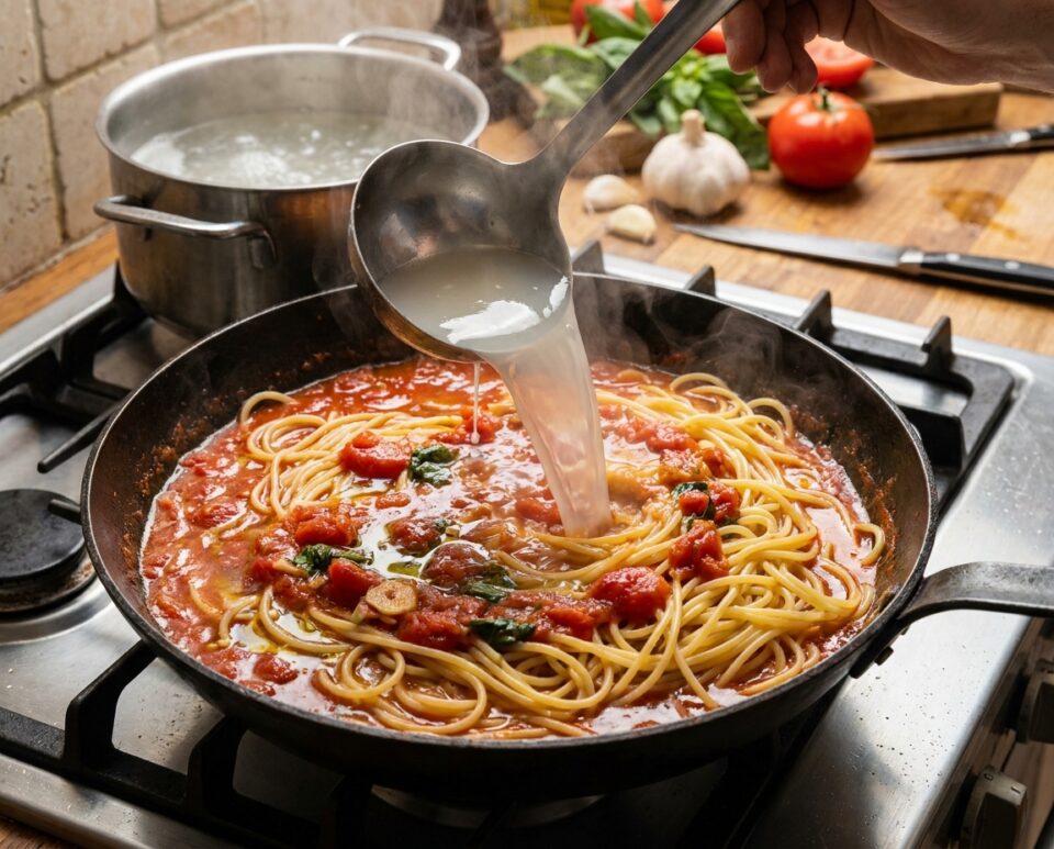Terminare la cottura direttamente nel sugo insieme a un mestolino di acqua della pasta.
