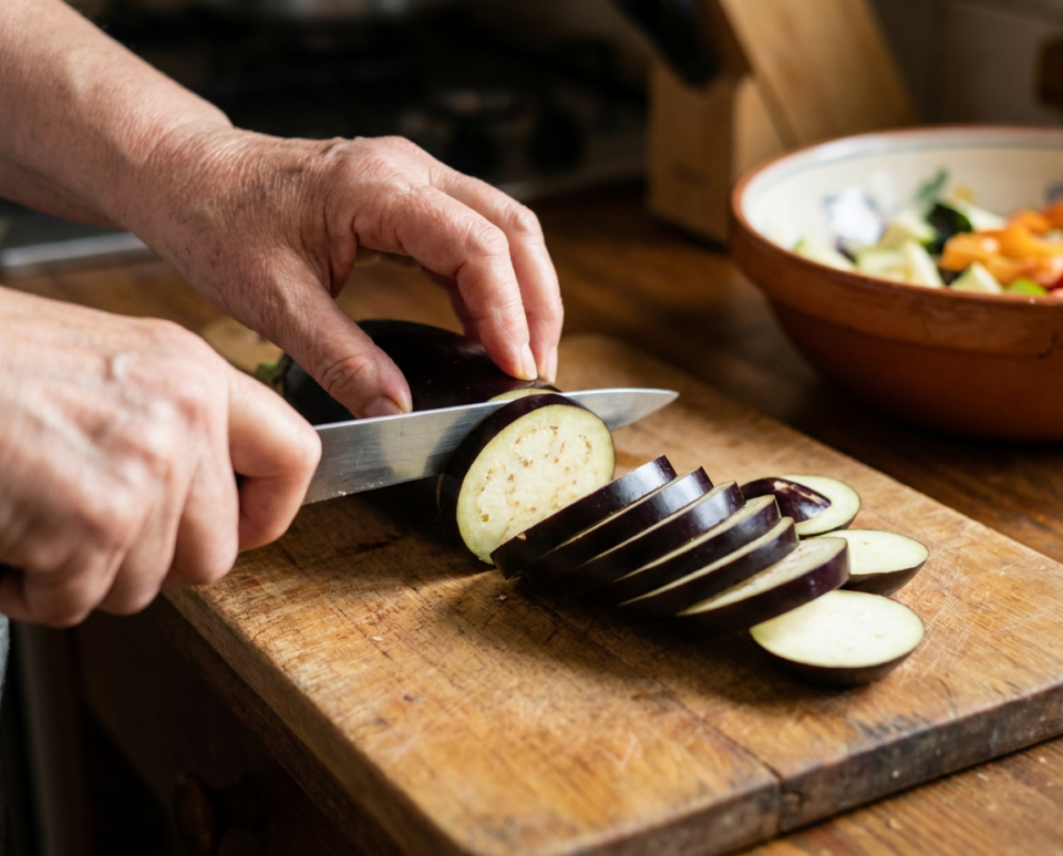 Tagliare le melanzane lavate e asciugate a fette di 1 cm.