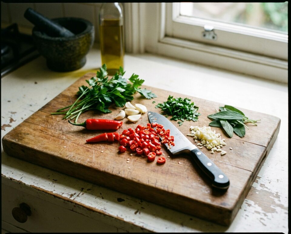 Tritare le erbe e il peperoncino
