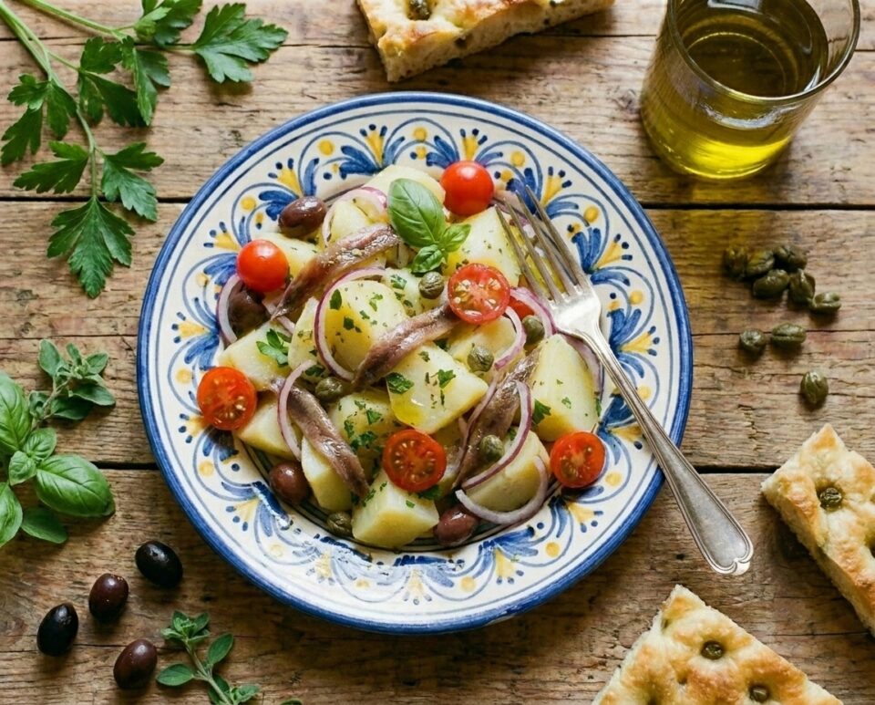 Insalata di patate, acciughe e capperi con pomodorini e cipolla