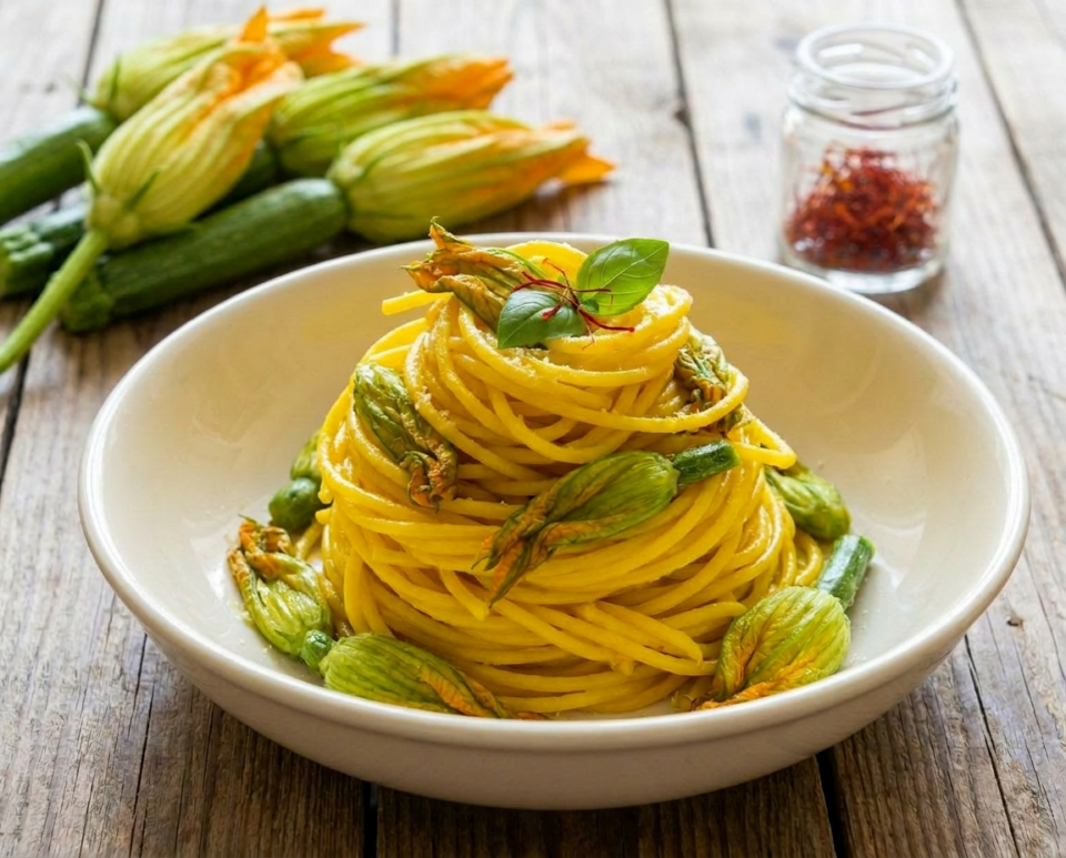 Spaghetti allo zafferano e fiori di zucchina: il primo piatto estivo elegante e facilissimo