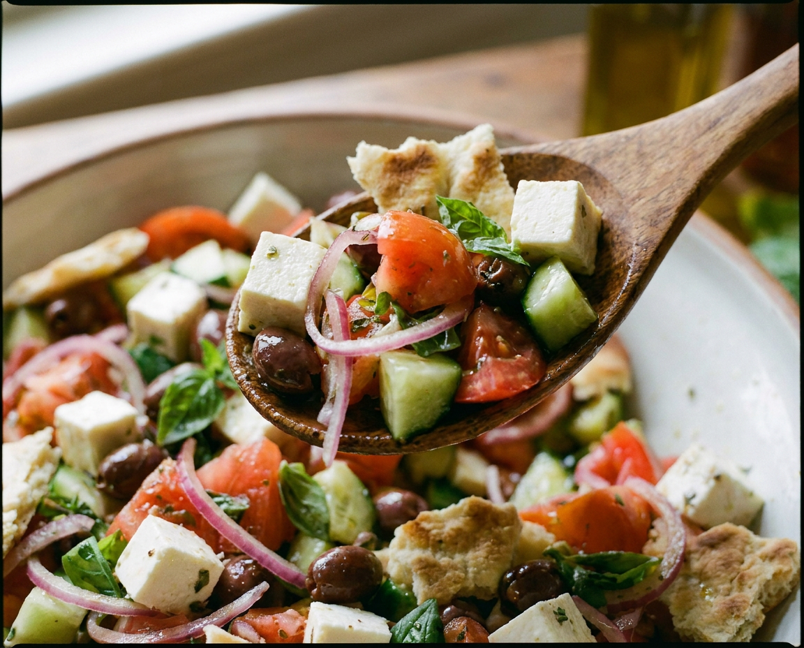 Insalata estiva ligure con formaggetta fresca, pomodori, cetrioli, cipolla e olive taggiasche
