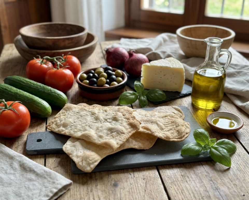 Ingredienti per insalata estiva ligure con pomodori, cetrioli, formaggetta fresca, olive taggiasche e ciappe.