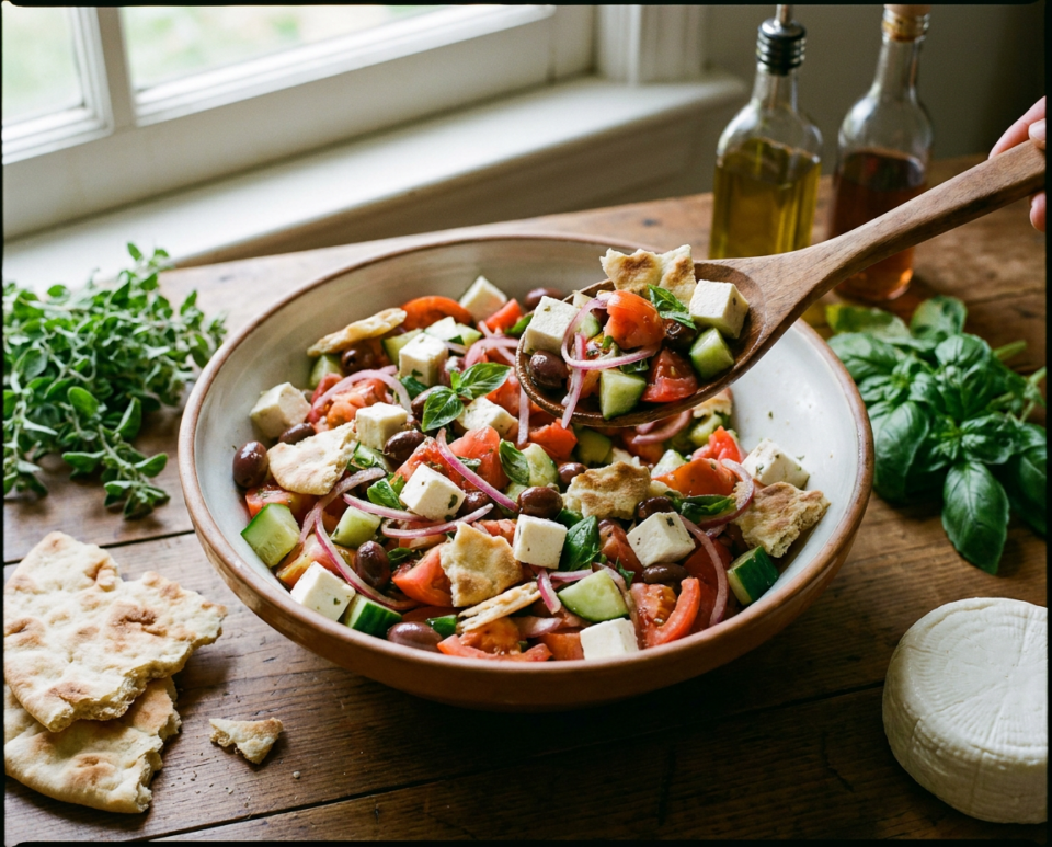 Insalata estiva ligure con formaggetta fresca, pomodori, cetrioli, cipolla e olive taggiasche