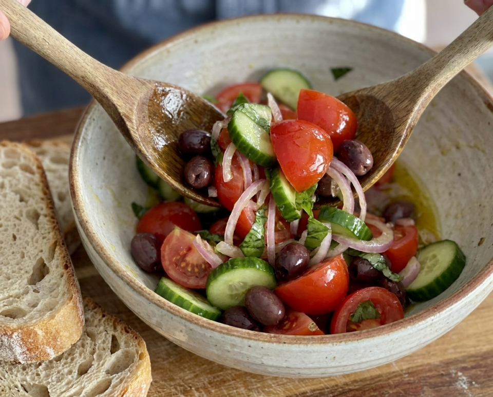 Insalata di pomodori, cetrioli e pomodori crudi