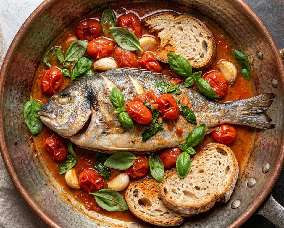 Orata all'acqua pazza: la ricetta originale con pomodorini, aglio e basilico