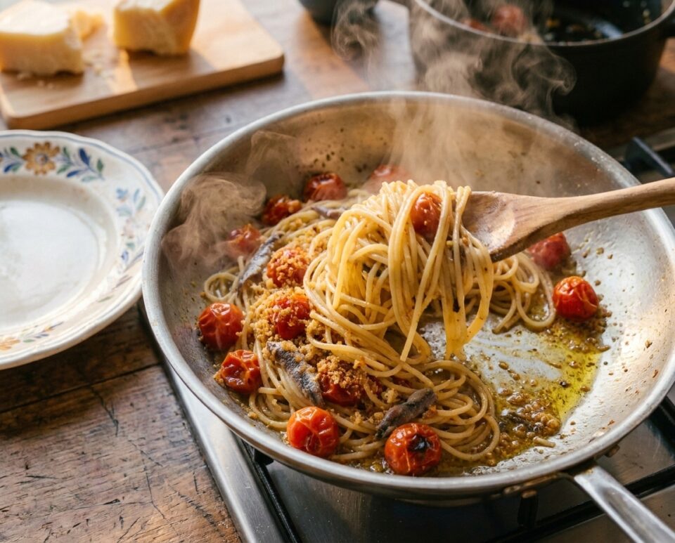 Spaghetti con pomodorini scoppiati, acciughe e pangrattato croccante