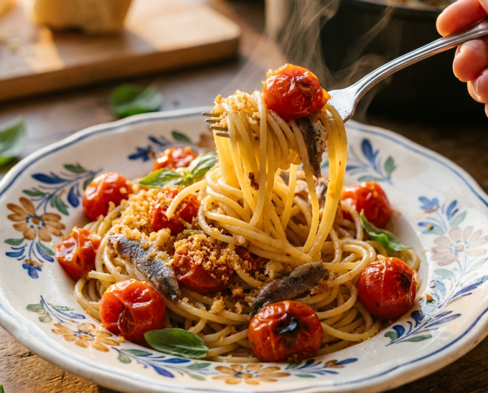 Spaghetti con pomodorini scoppiati, acciughe e pangrattato croccante