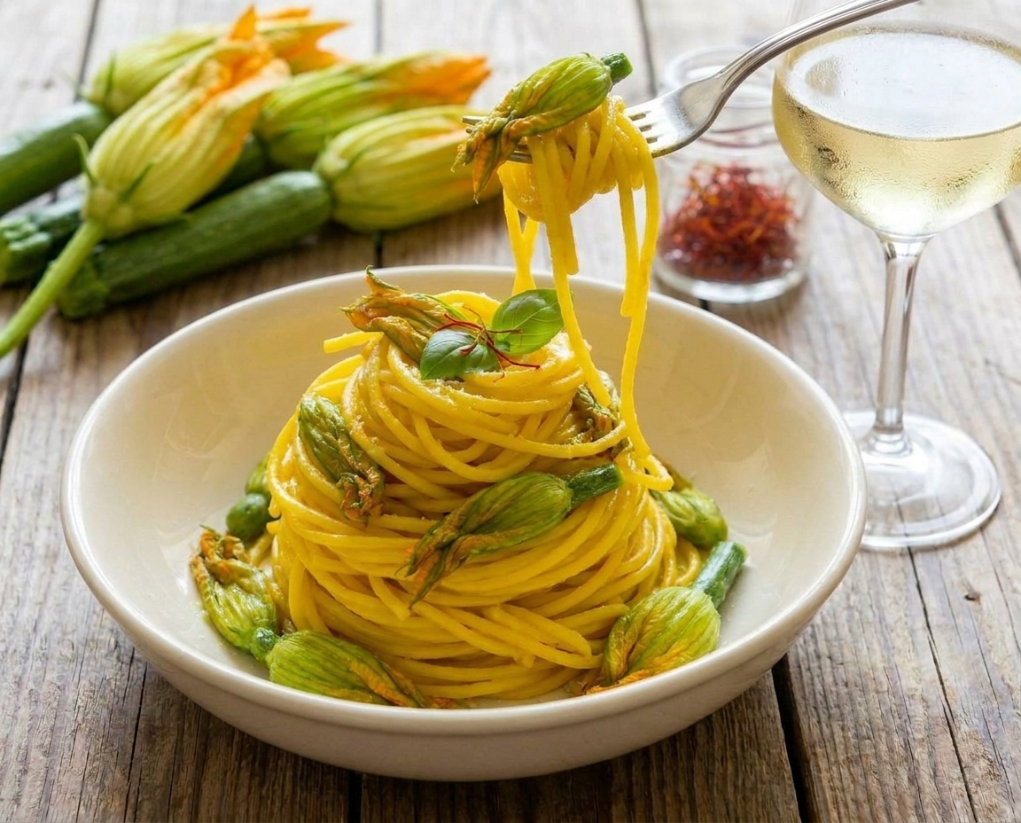 Spaghetti allo zafferano e fiori di zucchina: il primo piatto estivo elegante e facilissimo