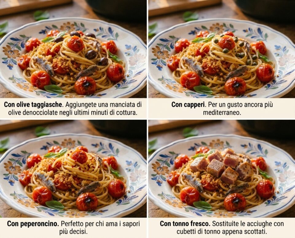 Le varianti degli spaghetti con pomodorini scoppiati e acciughe fresche