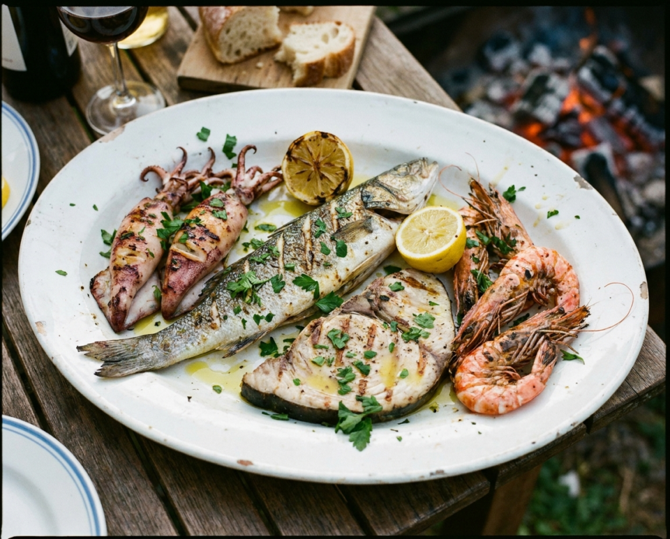 Grigliata mista di pesce con gamberoni calamari e pesce alla griglia