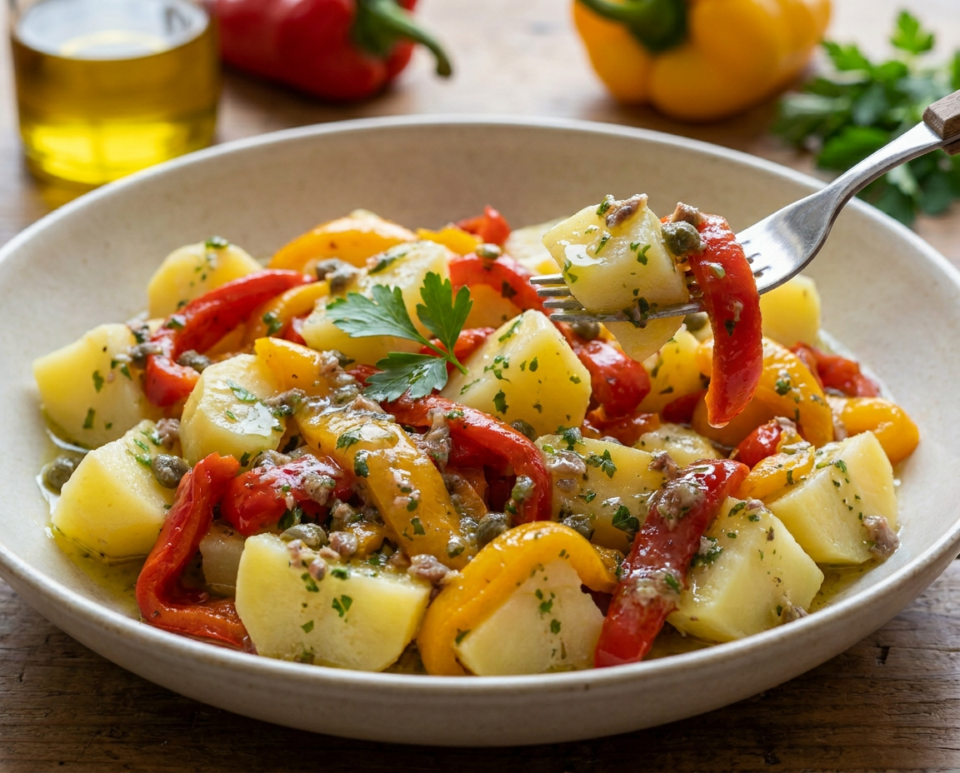 Insalata di patate e peperoni con salsa alle acciughe e capperi