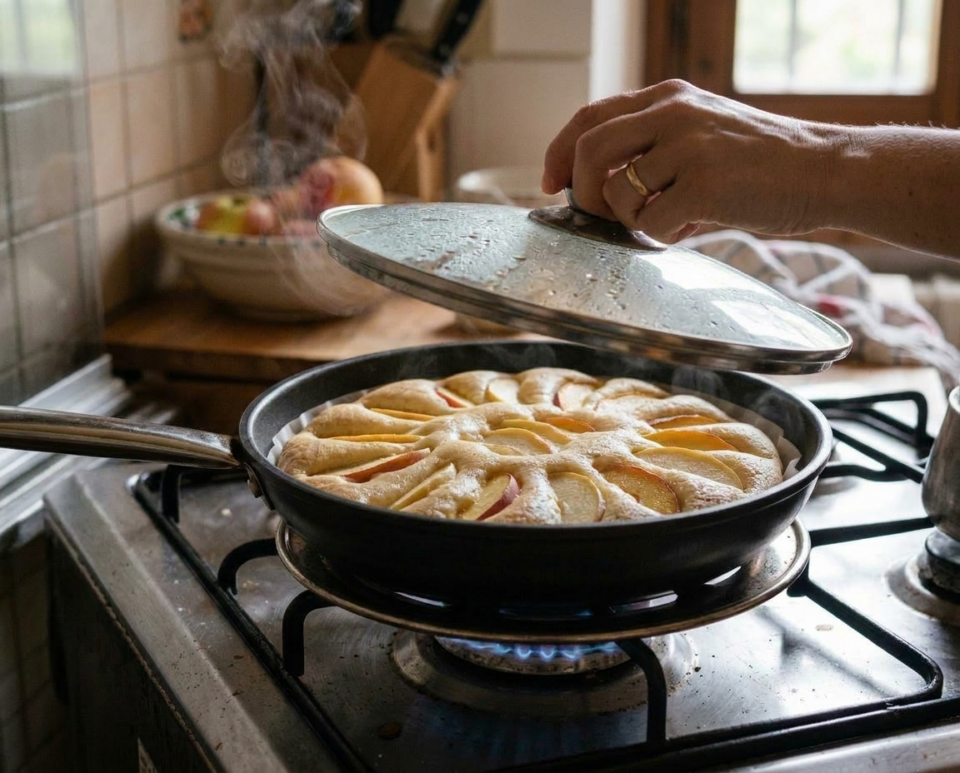 Torta di mele e pesche in padella
