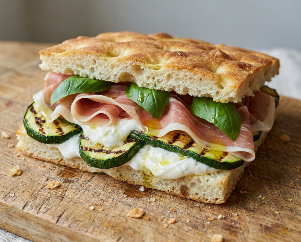 Focaccia con zucchine grigliate, stracchino e prosciutto crudo