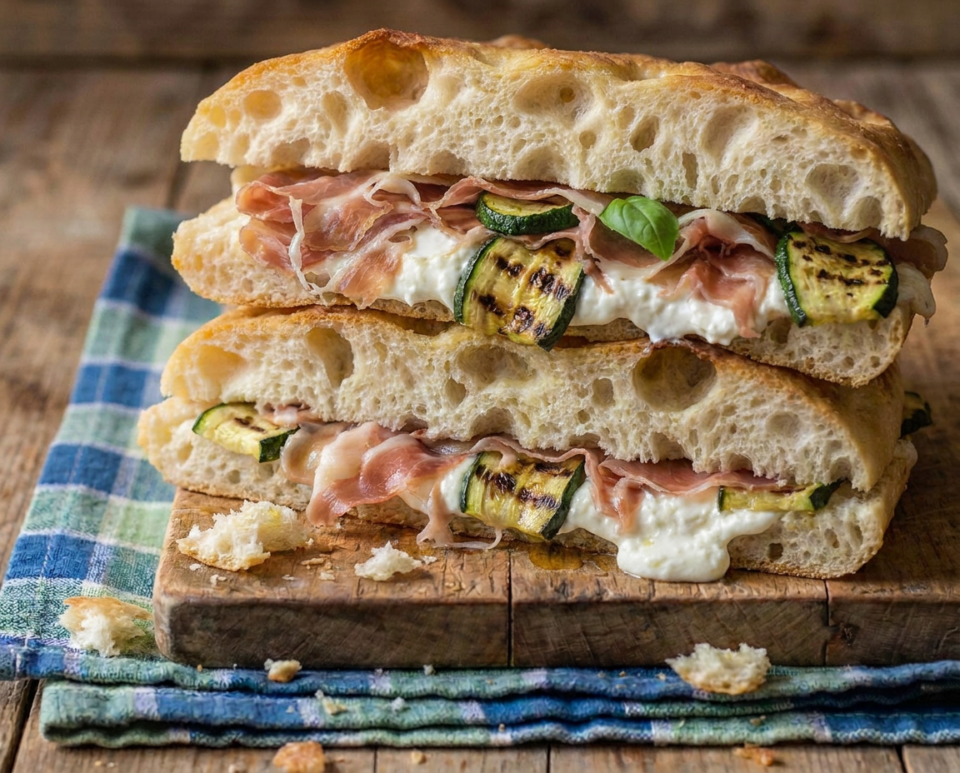 Focaccia con zucchine grigliate, stracchino e prosciutto crudo