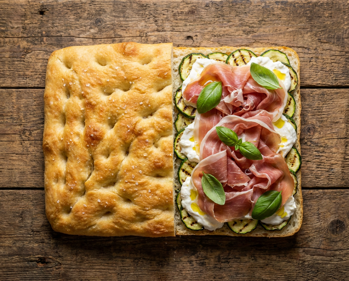 Focaccia con zucchine grigliate, stracchino e prosciutto crudo