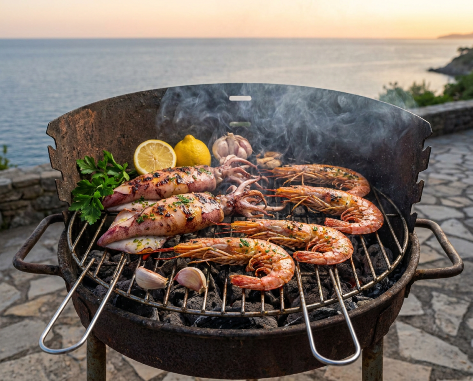 Gamberoni e calamari alla griglia sul barbecue