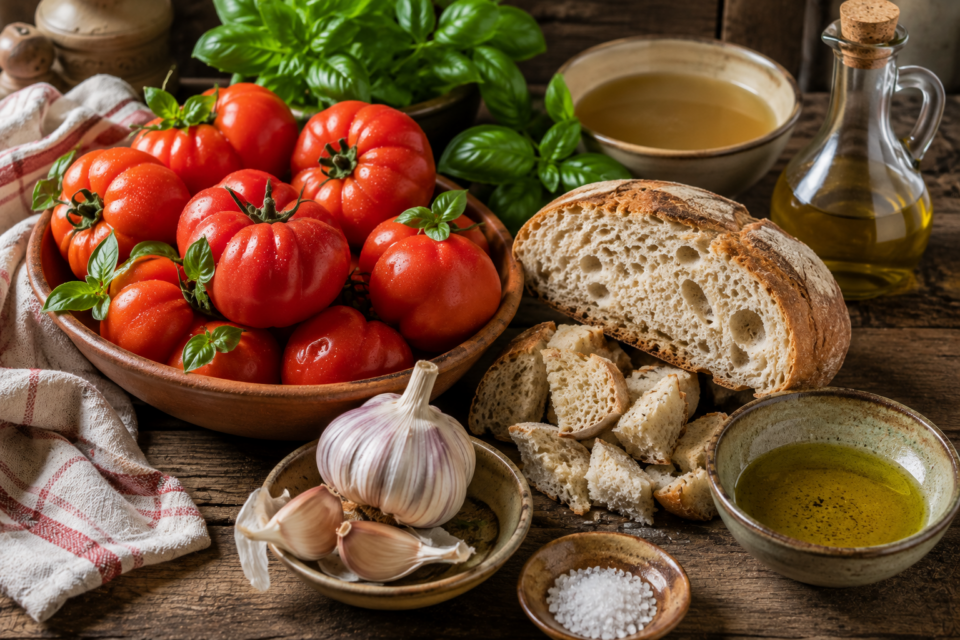 Pomodori maturi, pane buono, basilico profumato e soprattutto un ottimo olio extravergine.