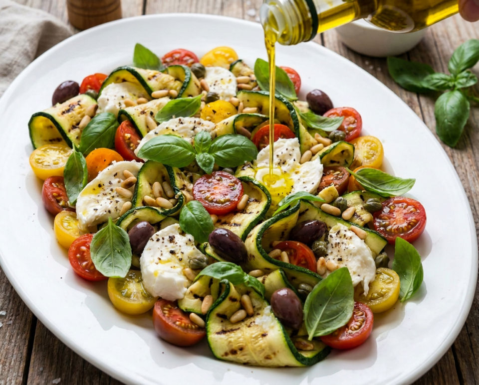Insalata di zucchine grigliate con pomodorini, mozzarella e basilico con tocco ligure