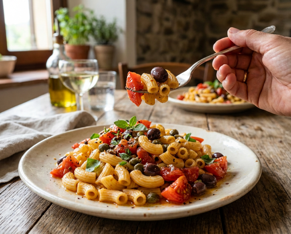 Pasta con pomodori marinati, olive e capperi: il primo estivo senza sugo da cuocere