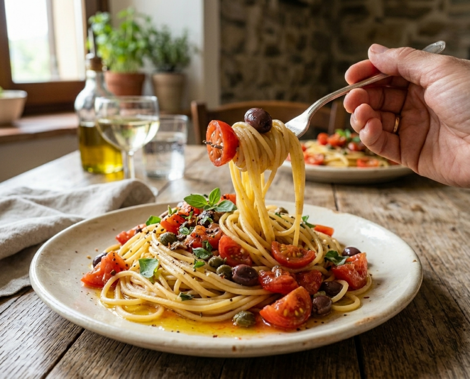 Pasta con pomodori marinati, olive e capperi: il primo estivo senza sugo da cuocere