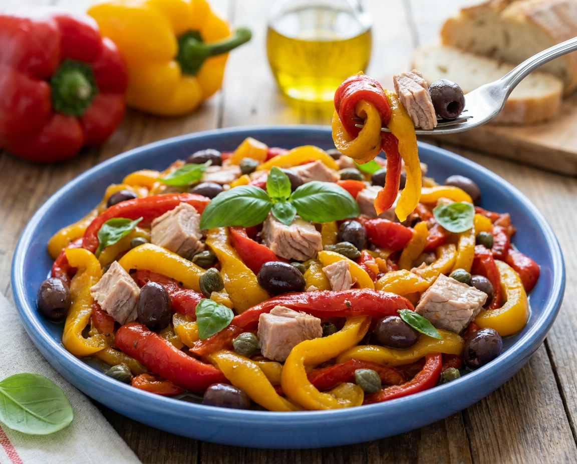 Peperoni arrostiti con tonno, olive e capperi: l'insalata estiva che prepari in anticipo