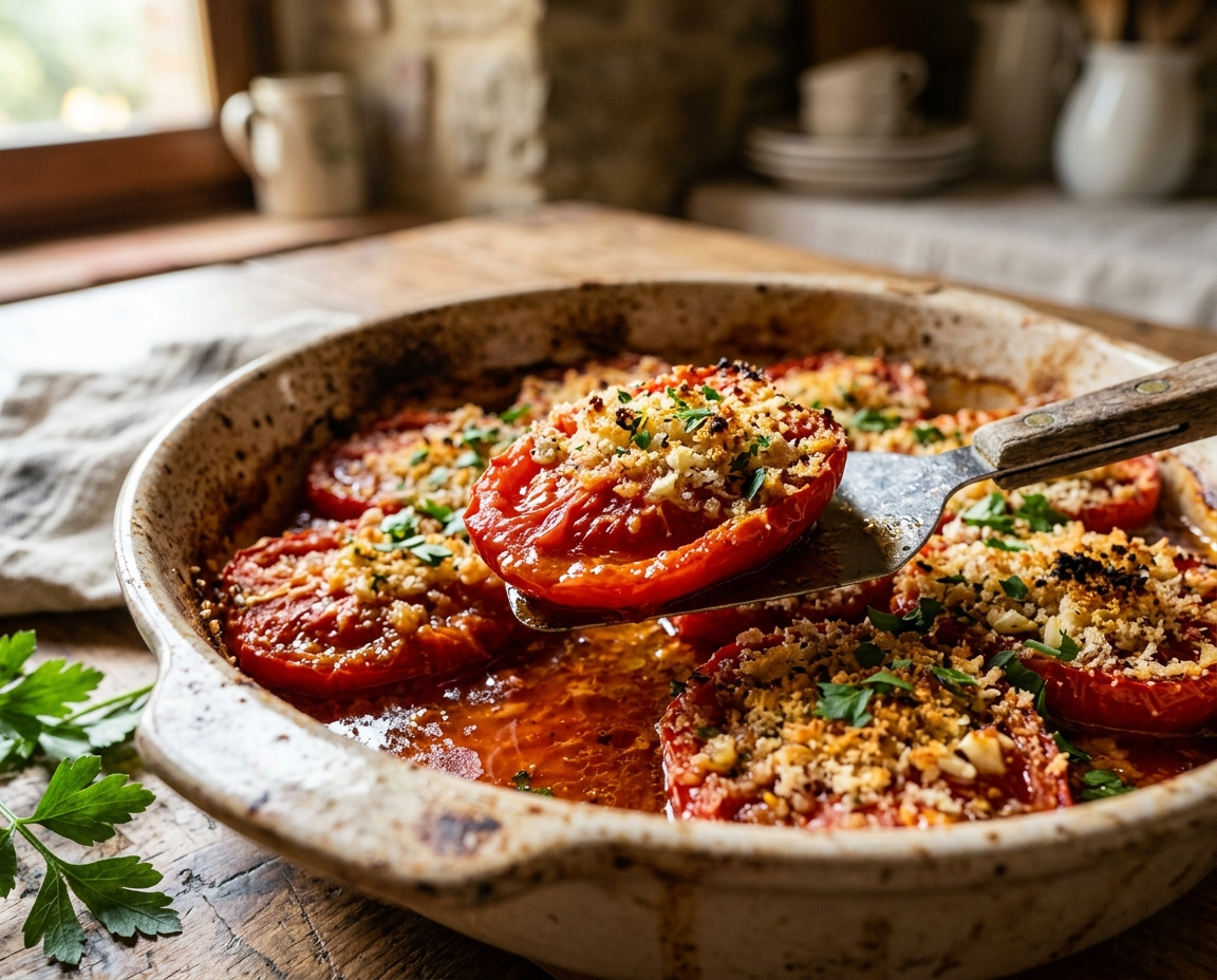 Pomodori al forno gratinati con aglio, prezzemolo e pangrattato