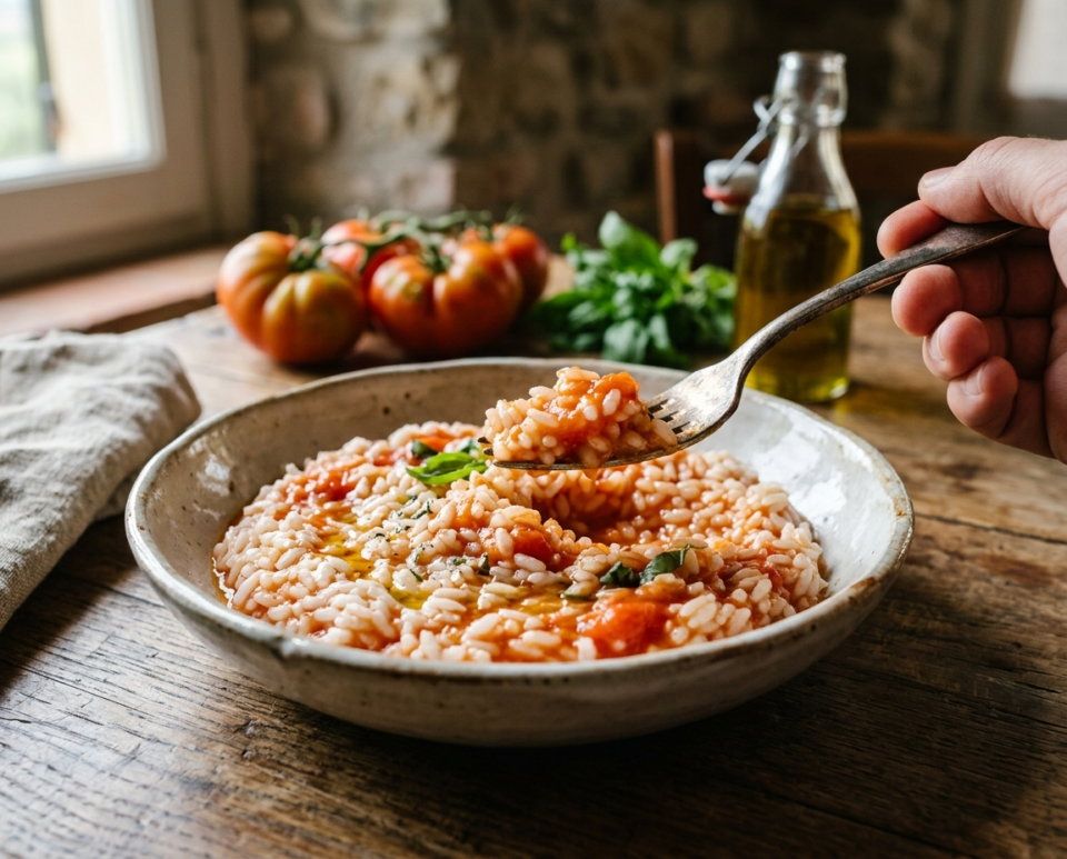 Riso al pomodoro crudo frullato e basilico: fresco, cremoso e velocissimo