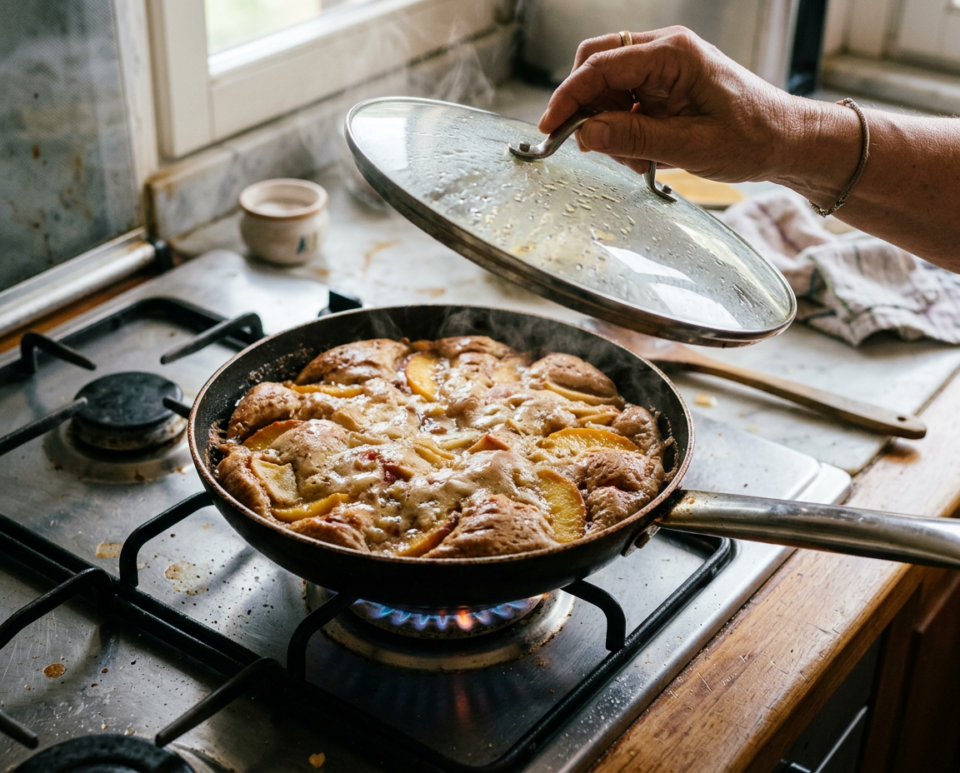 Torta di pesche e mele in padella, soffice e senza forno