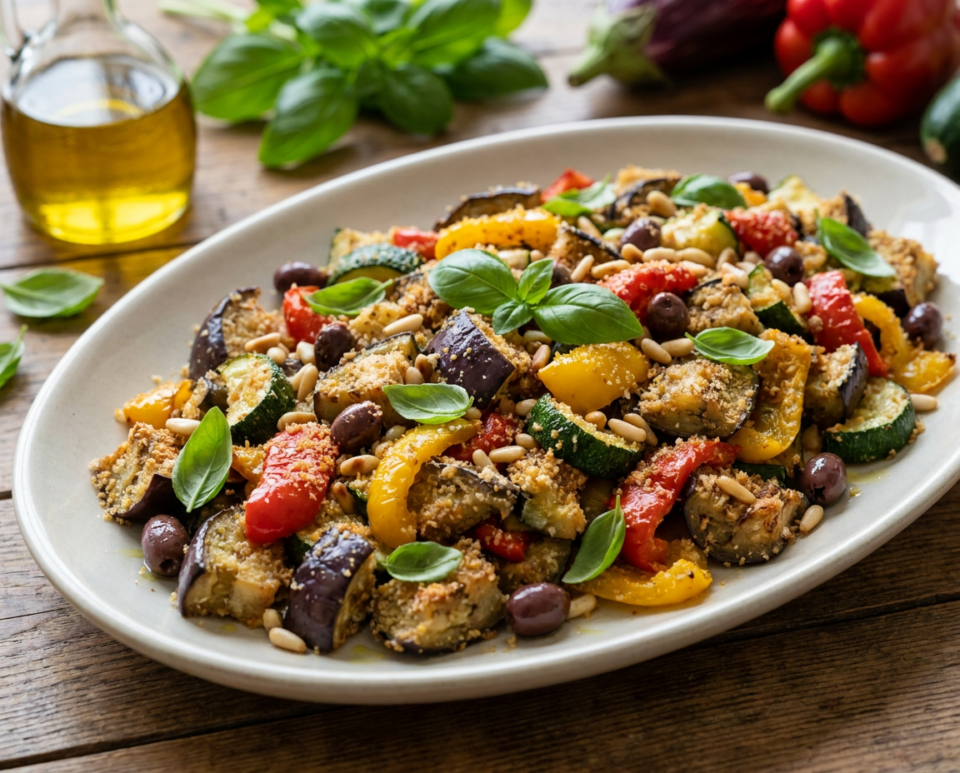 Verdure estive alla ligure in padella con olive, pinoli e basilico