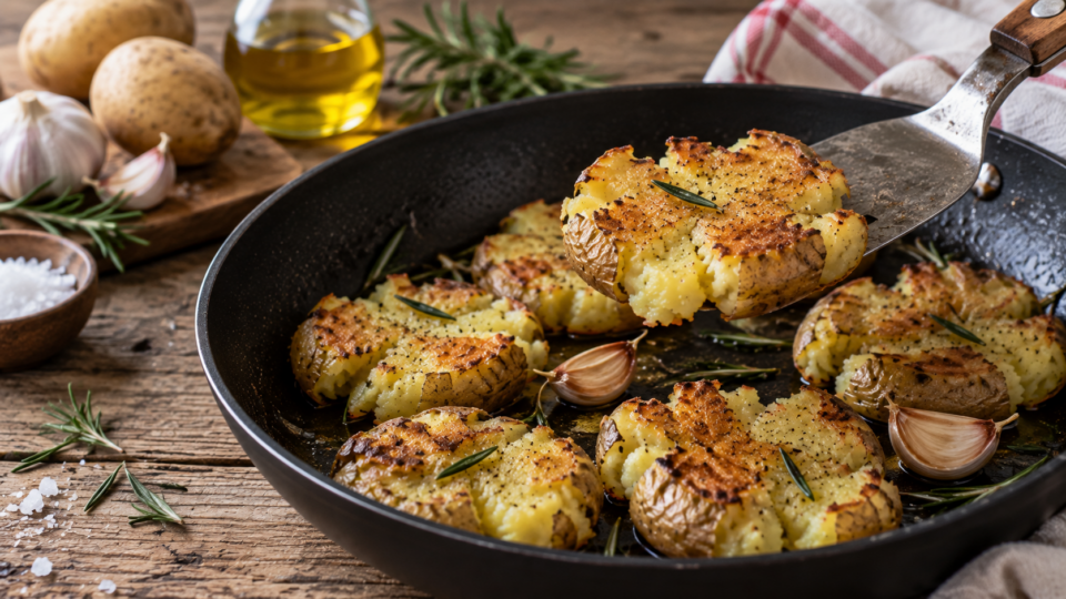 Patate lesse schiacciate in padella: dorate fuori e morbide dentro