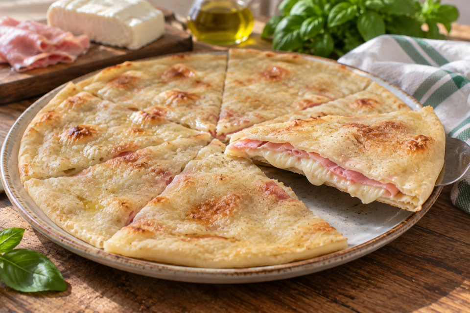 Focaccia ripiena con prosciutto e stracchino senza lievito