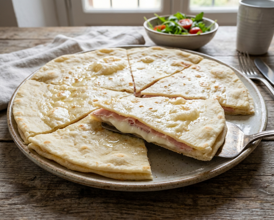 Focaccia ripiena con prosciutto e stracchino senza lievito