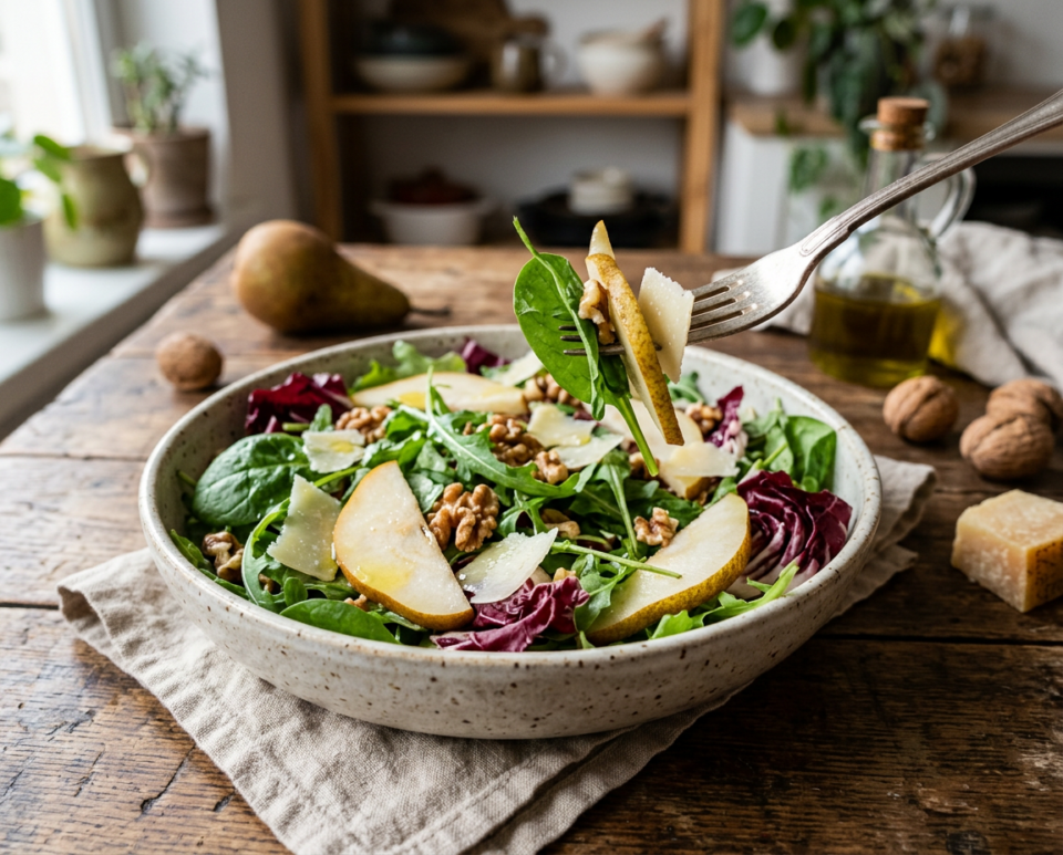 Insalata autunnale con pere, noci e formaggio: pronta in 10 minuti