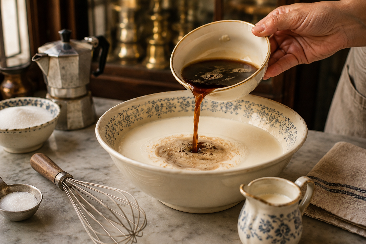Versare il caffè nella panna