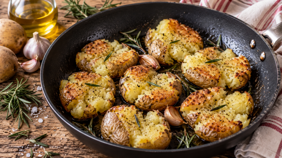 Patate lesse schiacciate in padella: dorate fuori e morbide dentro