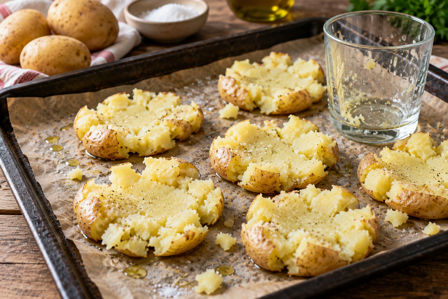 Patate schiacciate in teglia con il bicchiere