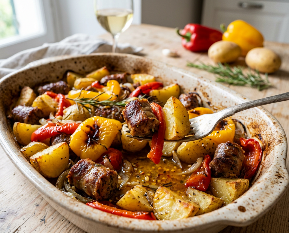 Peperoni, patate e salsiccia al forno: la cena facile tutta in una teglia