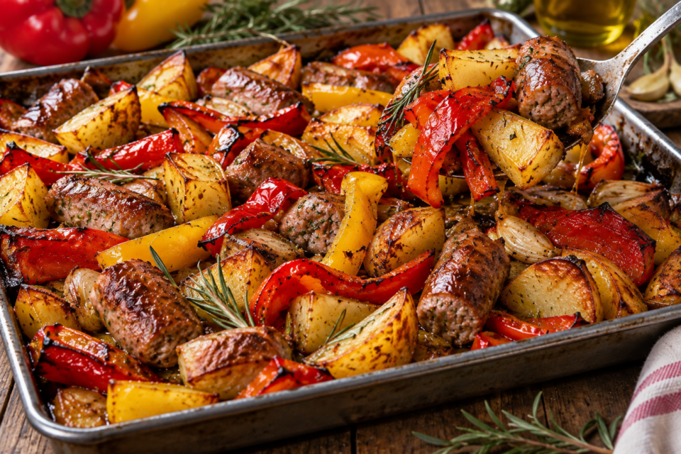 Salsiccia, patate e peperoni al forno