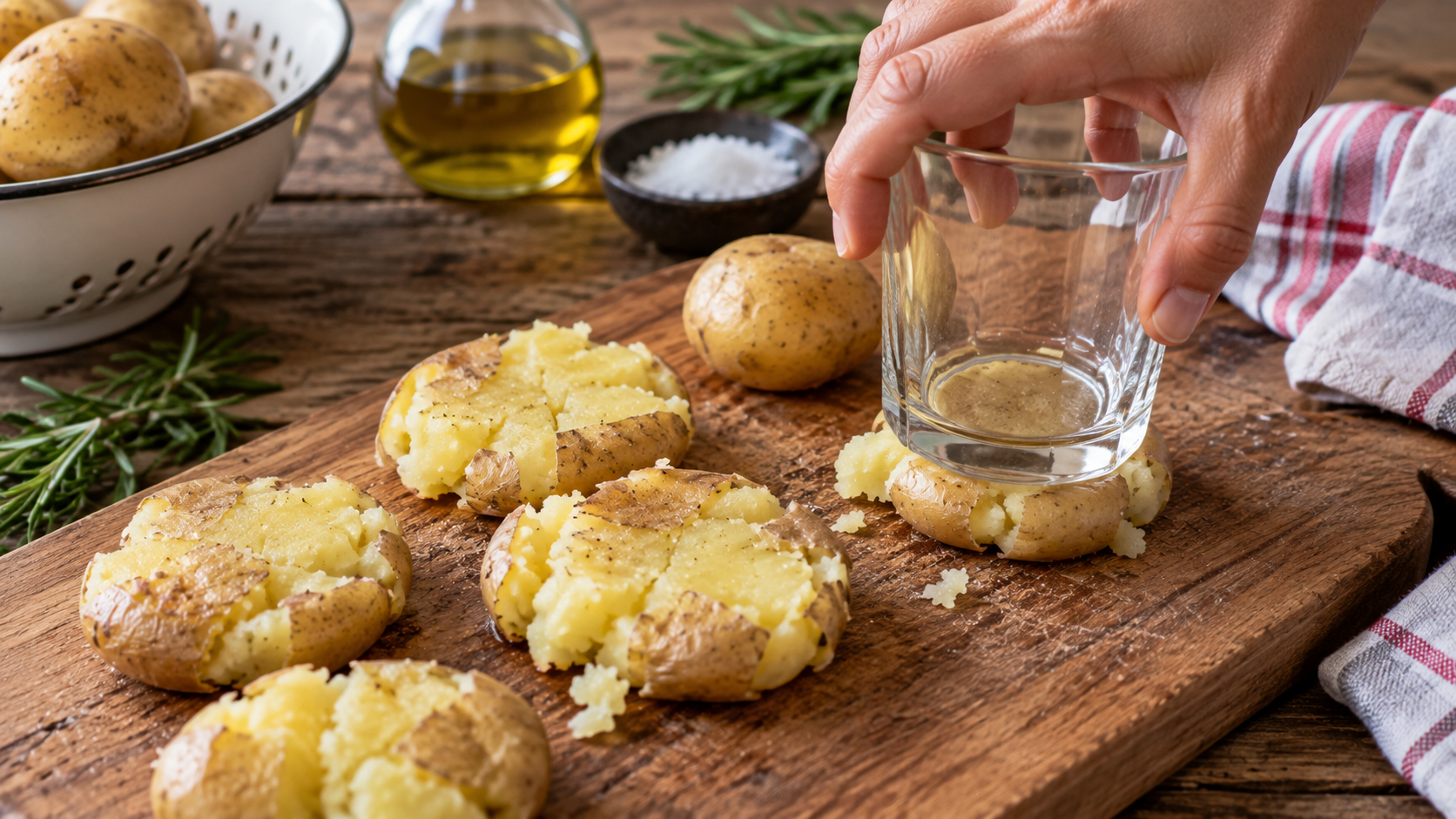 Schiacciare le patate con il fondo di un bicchiere