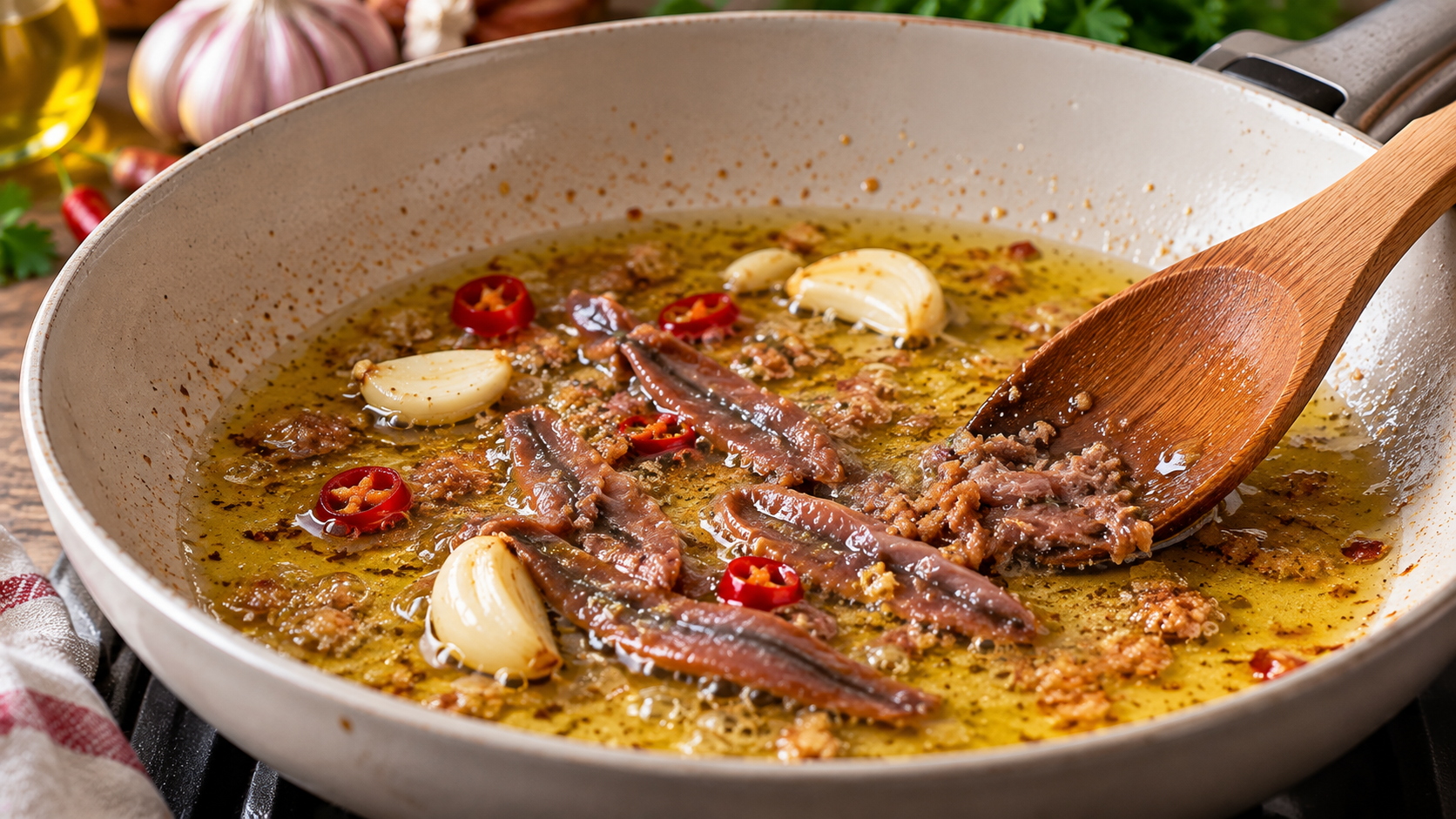 Alici, aglio e peperoncino in padella
