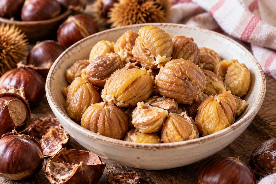 Castagne cotte in ciotola rustica