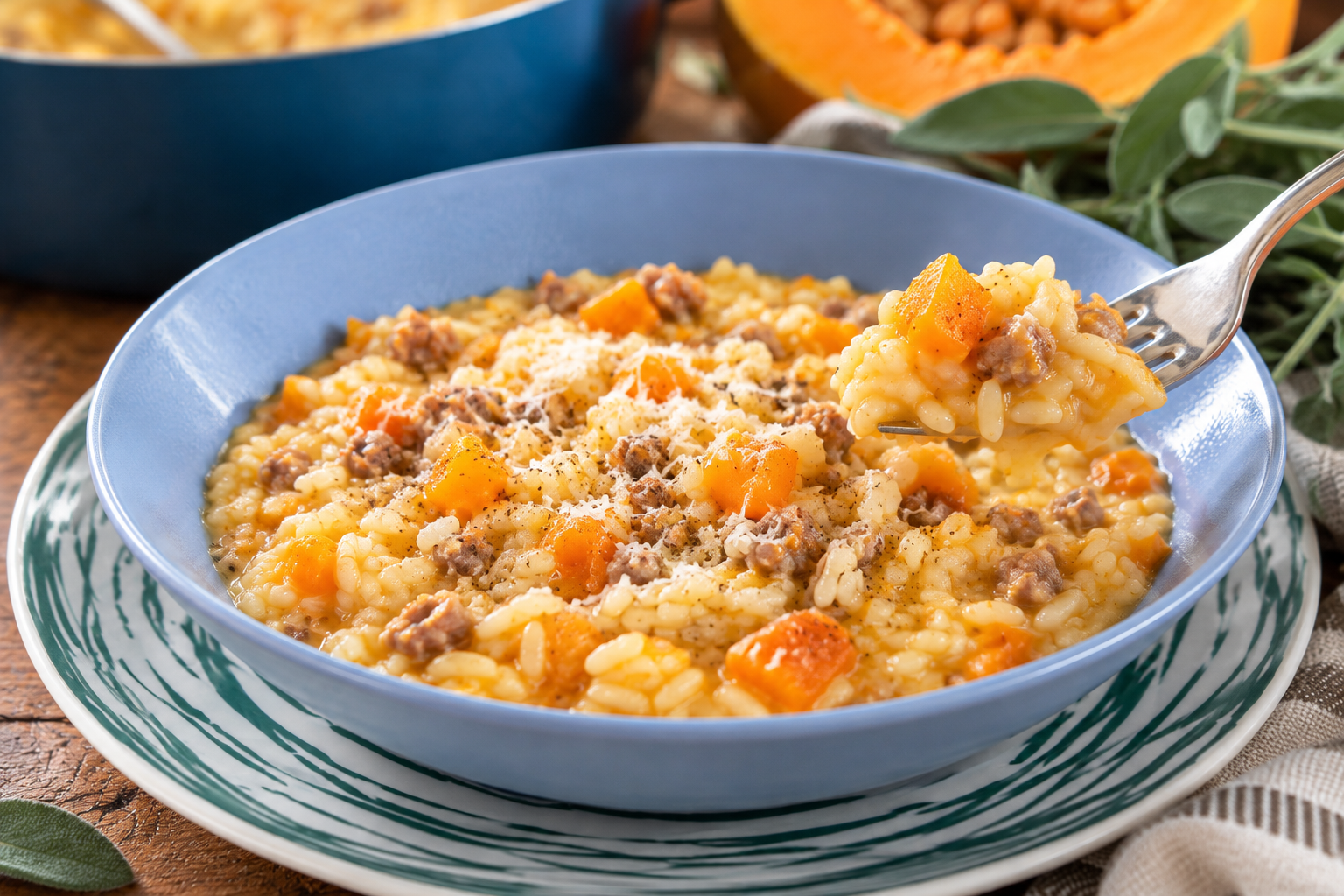 Risotto cremoso alla zucca e salsiccia