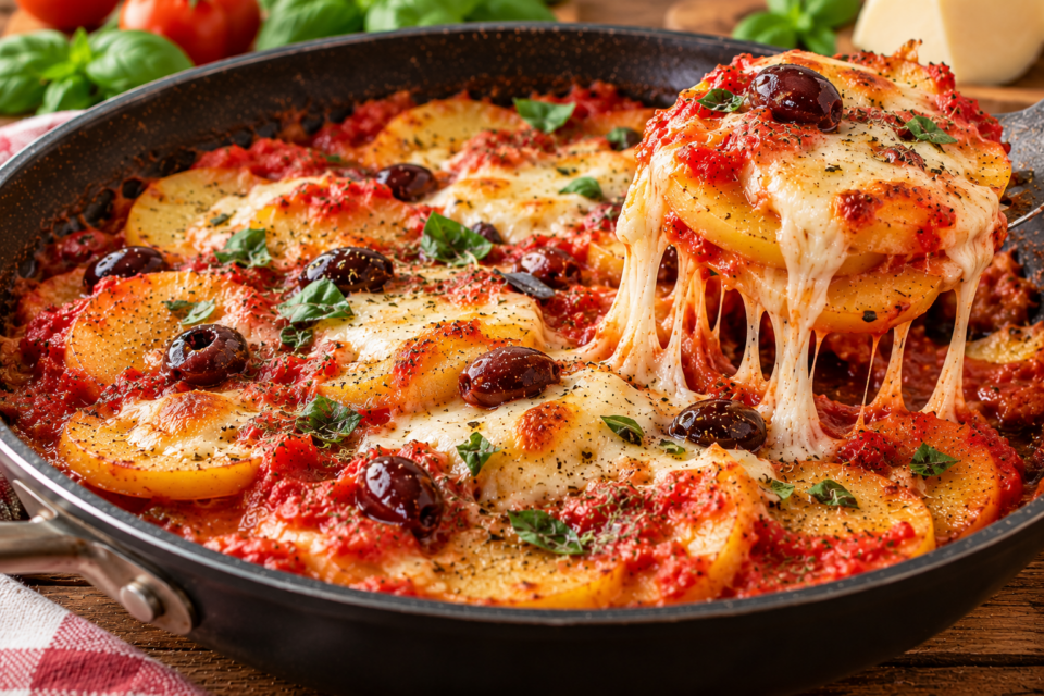 Patate alla pizzaiola con scamorza
Potete sostituire la mozzarella con scamorza dolce oppure affumicata. La scamorza rilascia generalmente meno acqua e regala al piatto un sapore più intenso.