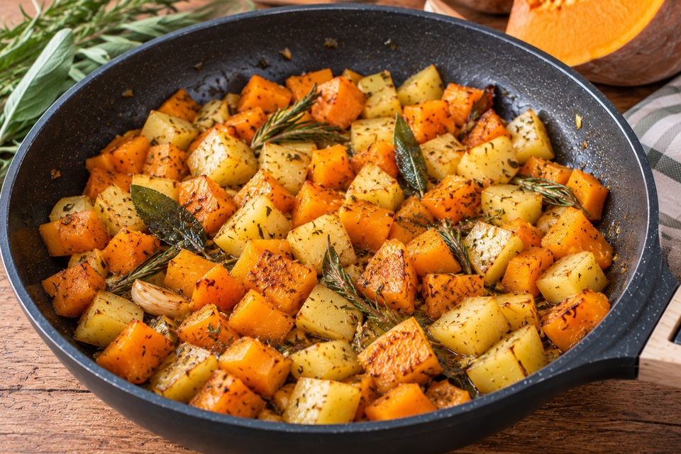 Padellata rustica di patate e zucca alle erbe