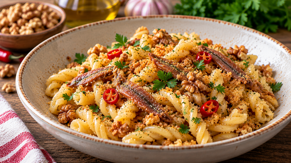 Pasta rustica con acciughe e noci